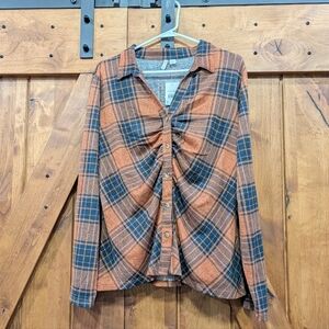 NWT Cato Plaid Flannel Button-Up Women’s Top With Ruching Size XL